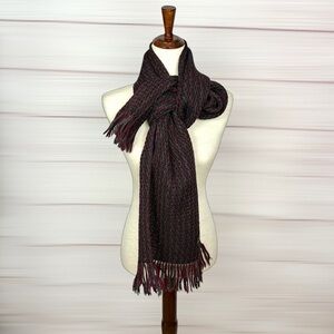 Vintage Wool Long Handloomed Scarf Burgundy Gray Fringed Made in Uruguay